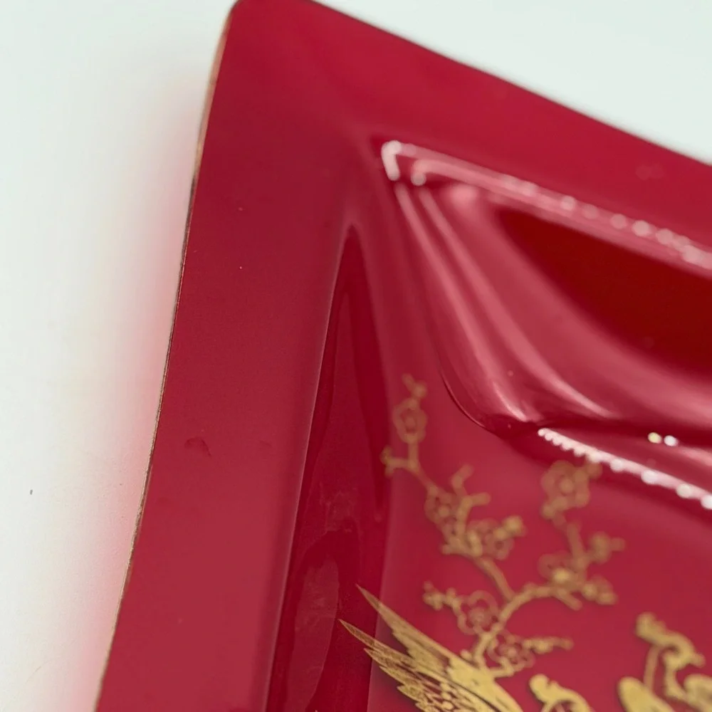 Vintage Ruby Red Acrylic Divided Trinket Tray Gold Peacock Chinoiserie Decor MCM